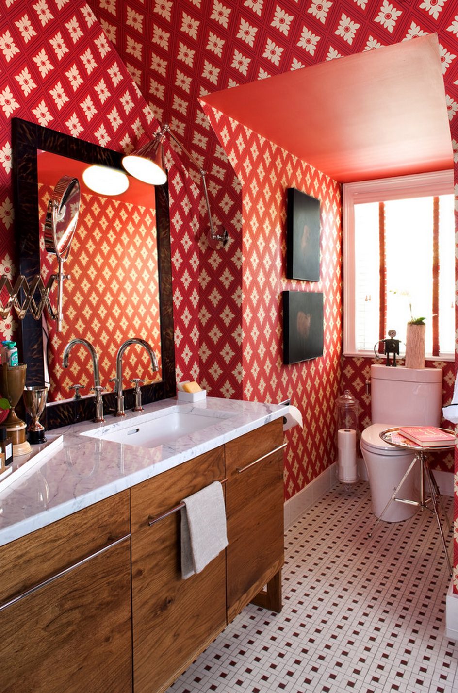 The Scarlet Bath — red ikat wallpaper, walnut vanity, and marble mosaic at the DC Design House by Christopher Patrick Interiors