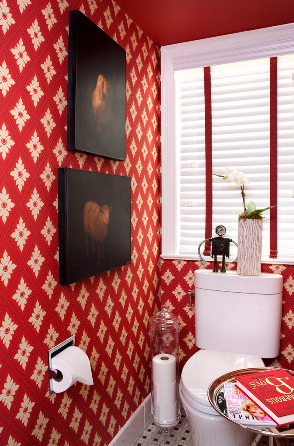 The Scarlet Bath — red ikat wallpaper, walnut vanity, and marble mosaic at the DC Design House by Christopher Patrick Interiors