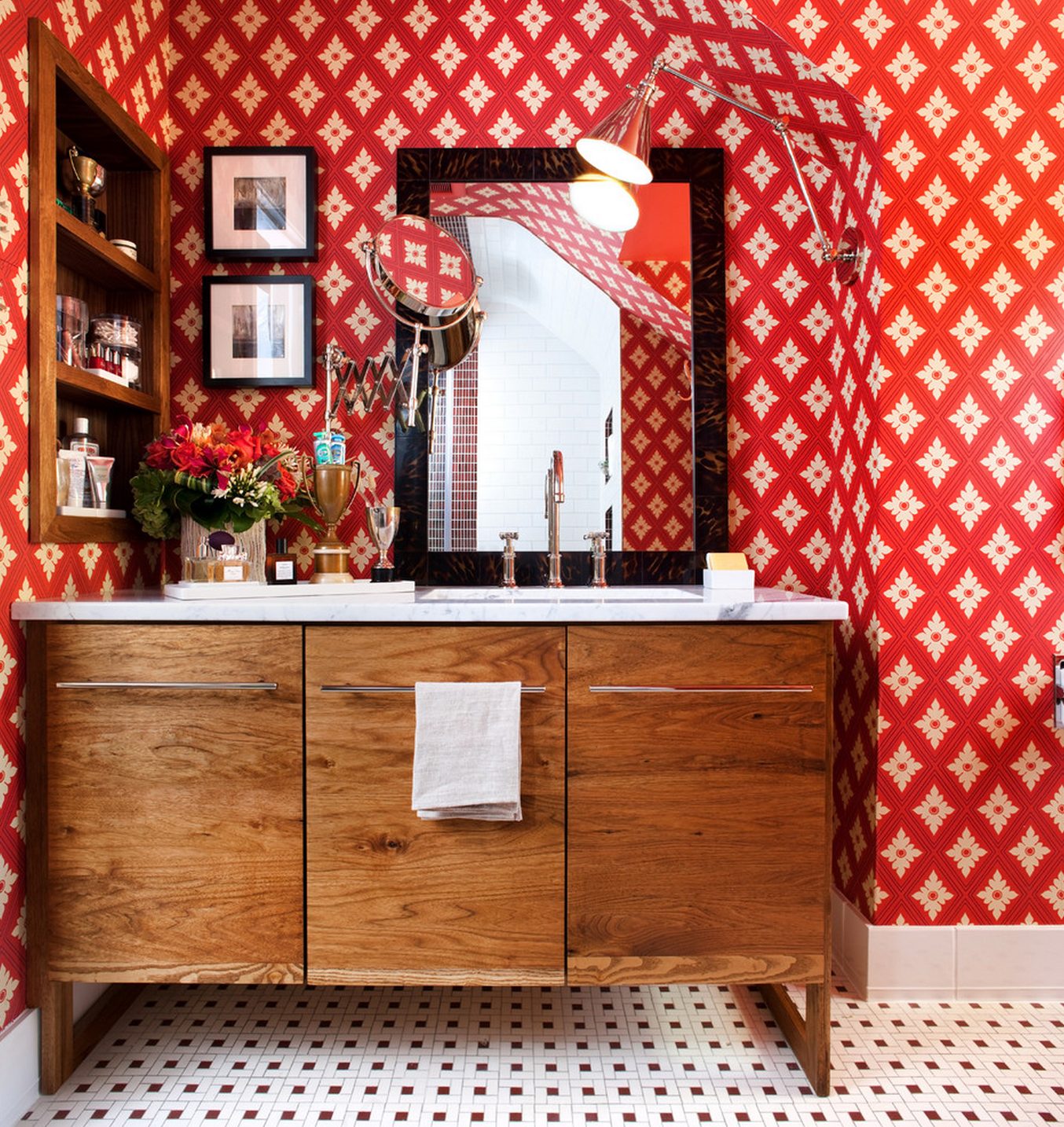 The Scarlet Bath — red ikat wallpaper, walnut vanity, and marble mosaic at the DC Design House by Christopher Patrick Interiors
