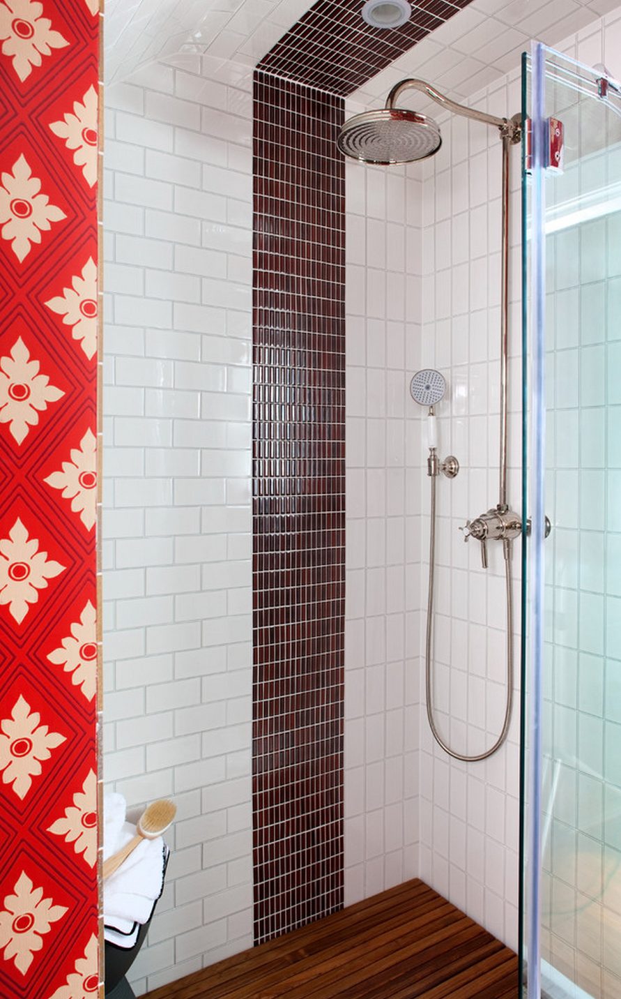 The Scarlet Bath — red ikat wallpaper, walnut vanity, and marble mosaic at the DC Design House by Christopher Patrick Interiors
