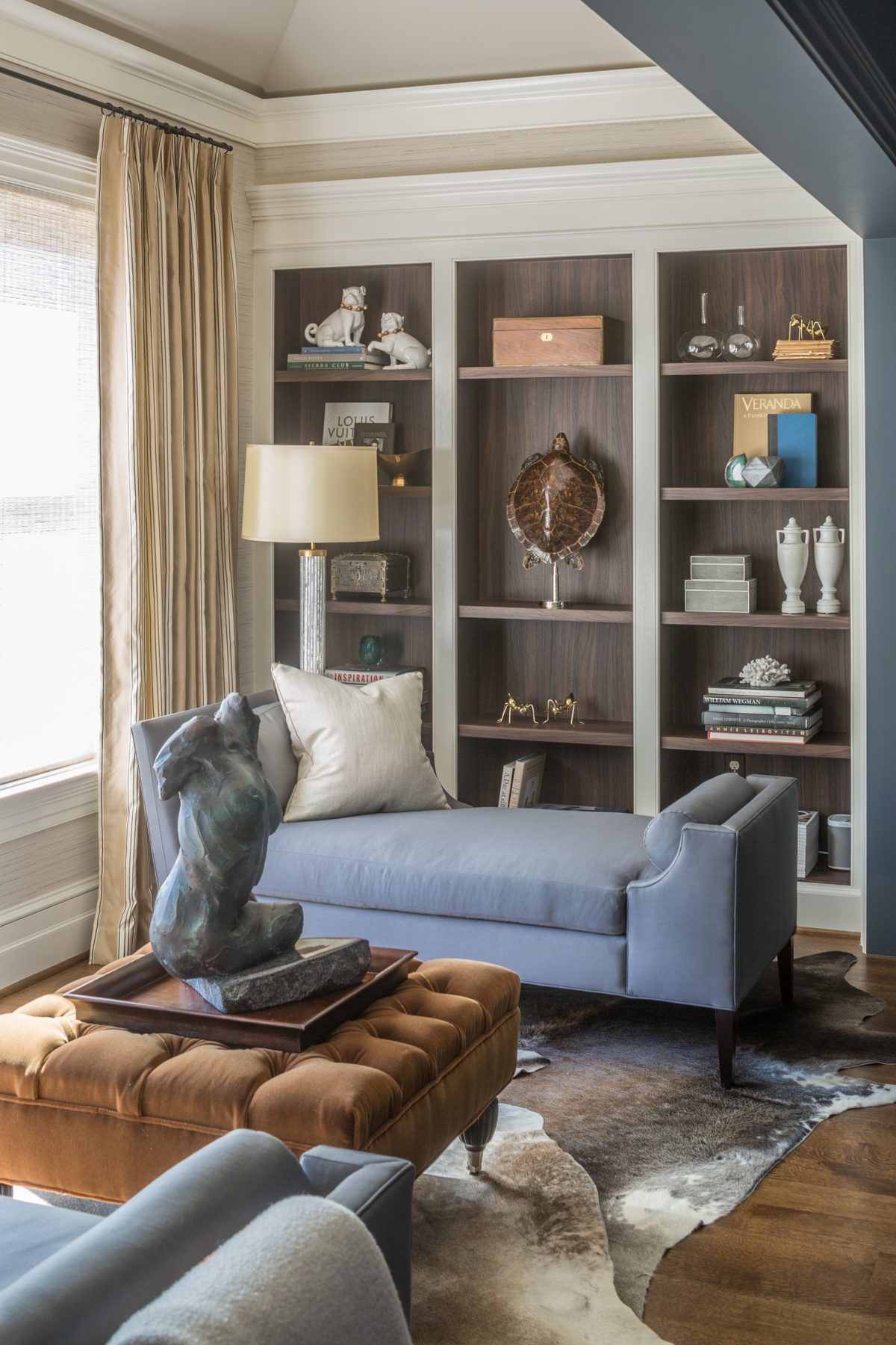 Tailored study and suite with lacquered walls, tobacco leather, and brass — DC Design House by Christopher Patrick Interiors