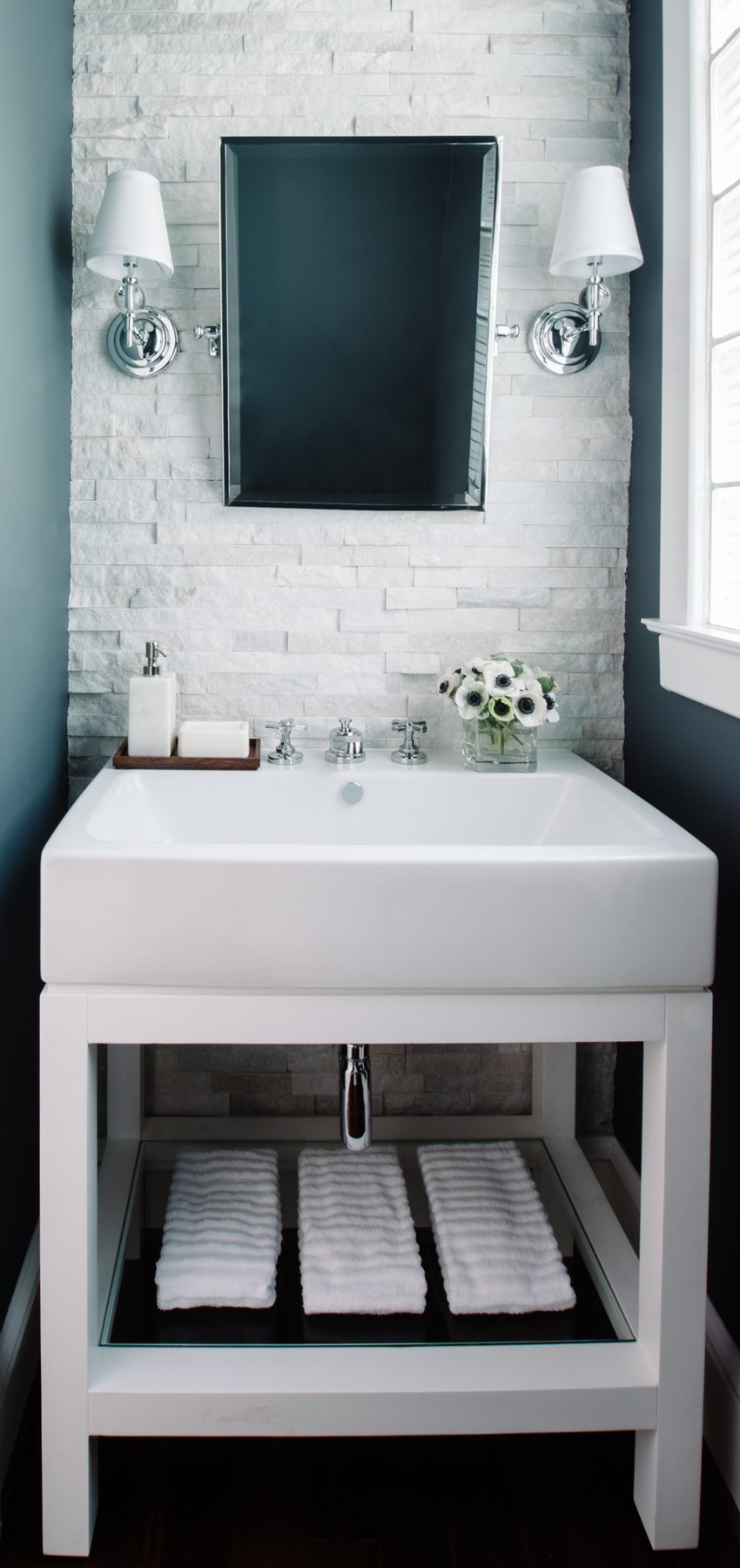 White kitchen with Blue Lagoon navy island and unlacquered brass — the Southern Living kitchen by Christopher Patrick Interiors, Washington, DC